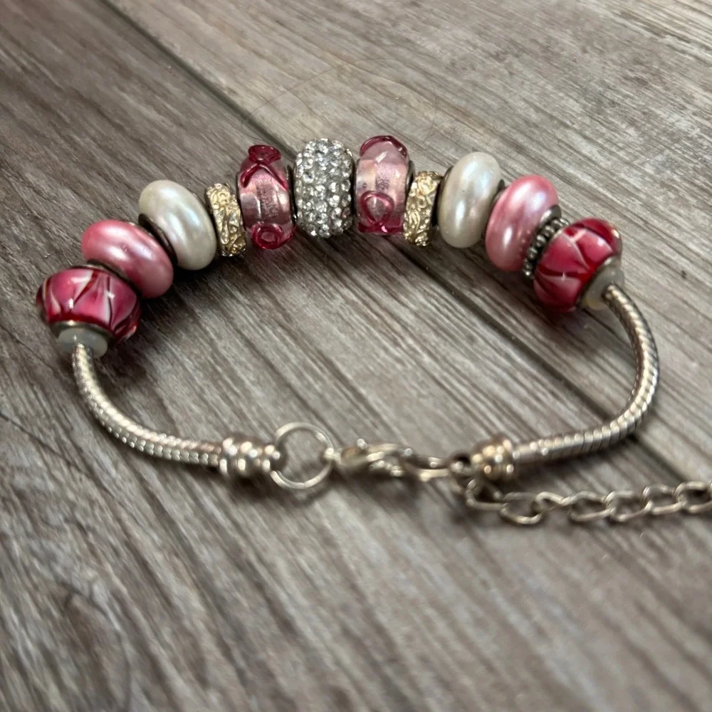 European Style Pink Charm Bracelet‎ Silver Tone Glass Pearl Rhinestone Beads